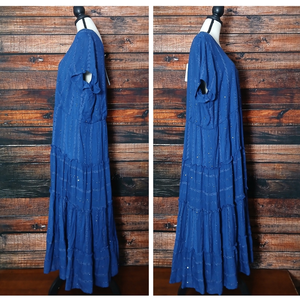 NWT Soft Surroundings Dress 3X Kara Shimmer Maxi Blue Sequin Tiered Lined - Picture 4 of 10